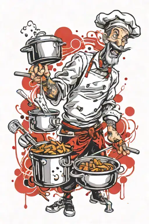 Trained cook in cooking costume as a cartoon character in the kitchen training with pots as weights on the long handle tattoo design idea
