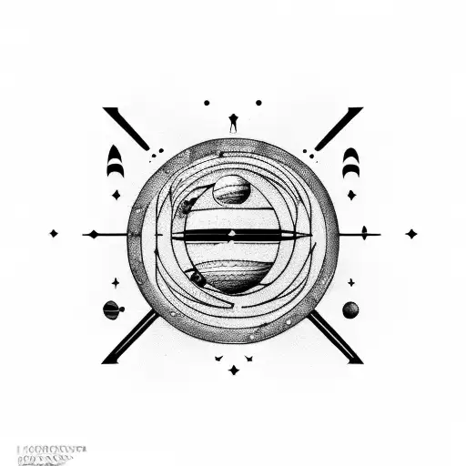 Ancient Greek sculpture, solar system, vertical lines and geometric shapes behind image and extending past   tattoo design idea
