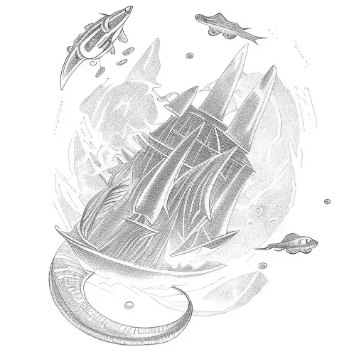 nebula, aquatic animals, spaceship, sunken ship tattoo design idea