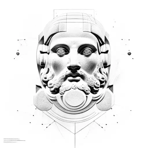 Ancient Greek sculpture, outer space, mind, thin vertical lines tattoo design idea