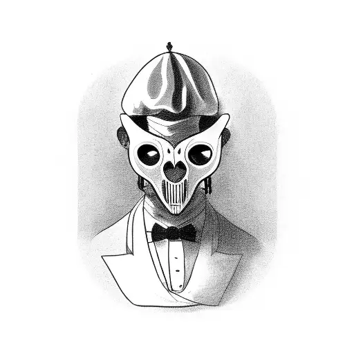 black plague mask, bust of man wearing tuxedo, moths,  tattoo design idea