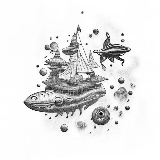 nebula, underwater animals, spaceship, sunken ship tattoo design idea