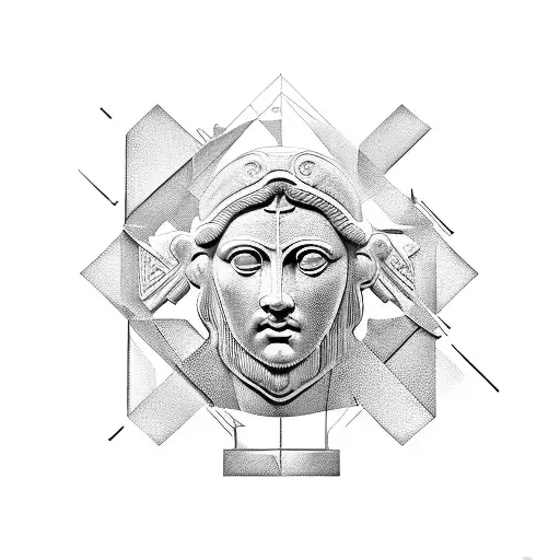 Ancient Greek sculpture, vertical lines and geometric shapes behind image and extending past   tattoo design idea