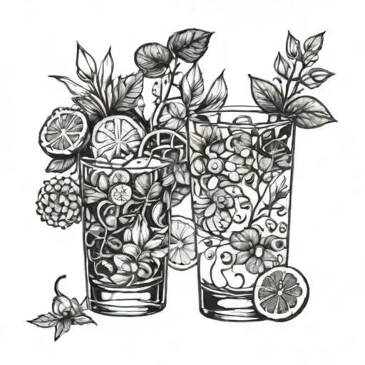 A cocktail glass filled with botanical elements representing different stages of evolution tattoo design idea