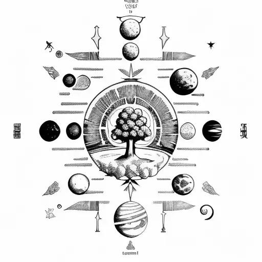 ancient greek sculpture at top, tree of life at bottom, solar system behind tattoo design idea