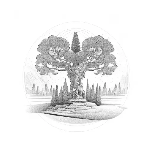 a vertical line and off to the top right is an Ancient Greek sculpture, off to the bottom left is the tree of life tattoo design idea