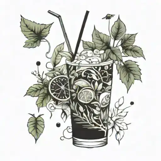 An environmental-themed tattoo with a cocktail twist, showcasing a lush forest with cocktail ingredients growing as plants tattoo design idea