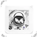 An astronaut on the moon, sitting on a patio chair and having a coffee while looking at earth  tattoo design idea