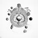 ancient greek sculpture at top, tree of life at bottom, solar system behind tattoo design idea
