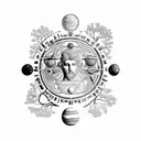 ancient greek sculpture at top, tree of life at bottom, solar system behind tattoo design idea