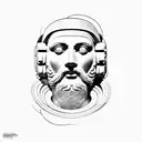 Ancient Greek sculpture, outer space, mind, thin vertical lines tattoo design idea