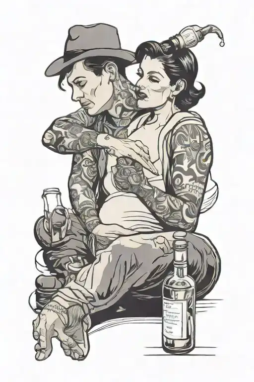 woman feeding man alcohol bottle tattoo design idea