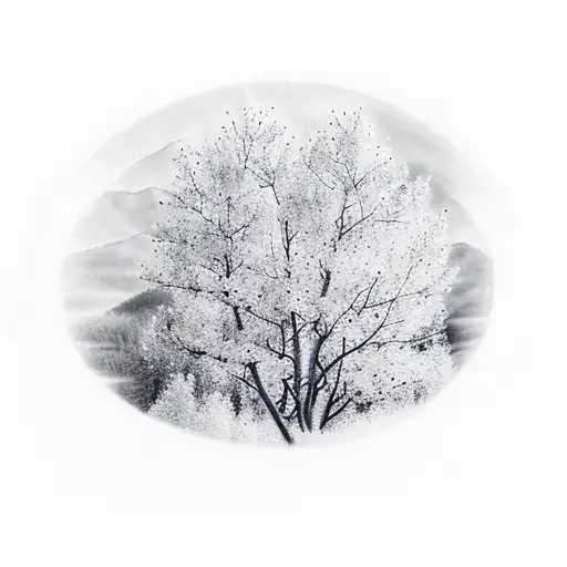 mountain, Aspen tree,m, stream, color, white ink tattoo design idea