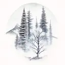 mountain, Aspen tree,m, stream, color, white ink tattoo design idea