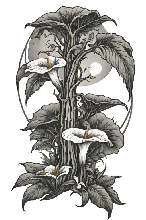 Redwood Forest with calla lilies at the bottom with sun and moon in background  tattoo design idea