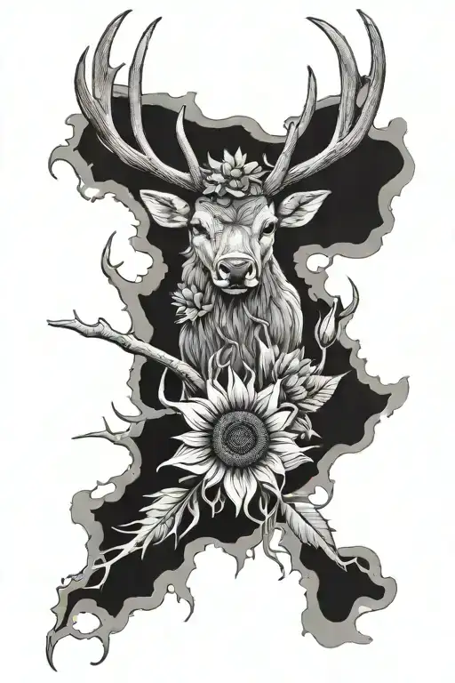 elk antler and sunflower intertwined tattoo design idea