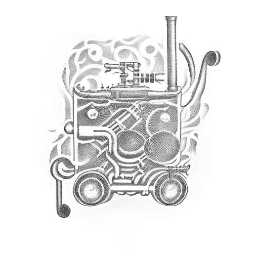 A blackwork tattoo of a vintage car with musical notes flowing out of its exhaust pipes tattoo design idea