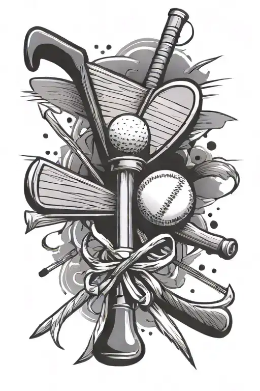 cross with golf club, baseball bat, and hockey stick  tattoo design idea