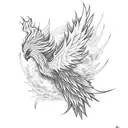 A pheonix rising from the ashes with flying raijin kunai knife used in naruto tattoo design idea