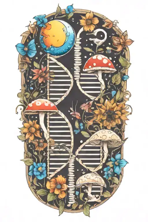 dna strands made out of sun and moon with mushrooms and flowers tattoo design idea