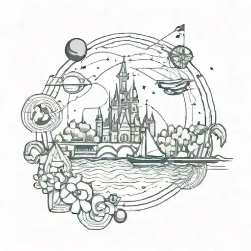 A geometric design featuring elements of Disney World, boating, horses, and x-ray imagery tattoo design idea