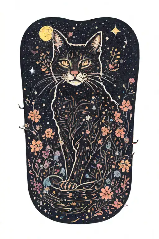 A realistic depiction of a cat composed of blooming wildflowers under a starry night sky tattoo design idea