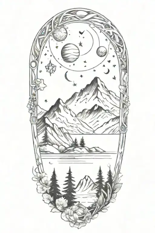 An intricate tattoo design combining elements of nature and outer space, with mountains and galaxies intertwined tattoo design idea