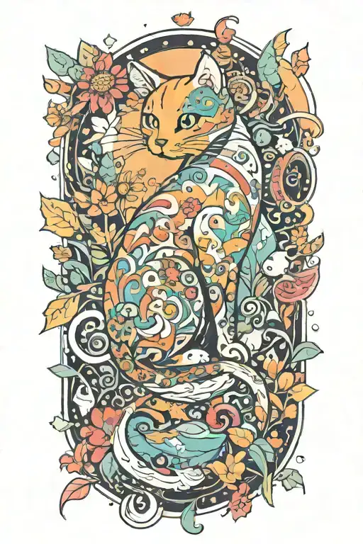 An imaginative design of a cat exploring a colorful planet filled with unique flora and fauna tattoo design idea