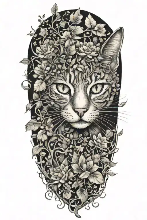 cat made out of vines plants and flowers tattoo design idea