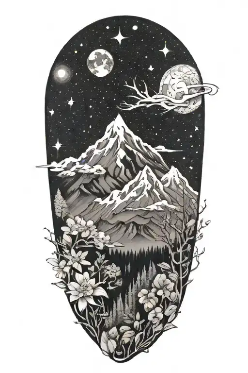 An intricate tattoo design combining elements of nature and outer space, with mountains and galaxies intertwined tattoo design idea