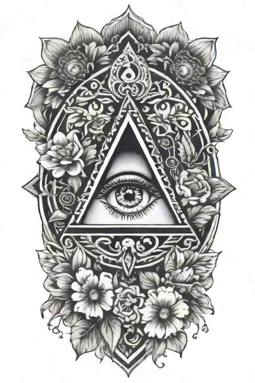 all seeing eye in mandala with flowers and mushrooms tattoo design idea