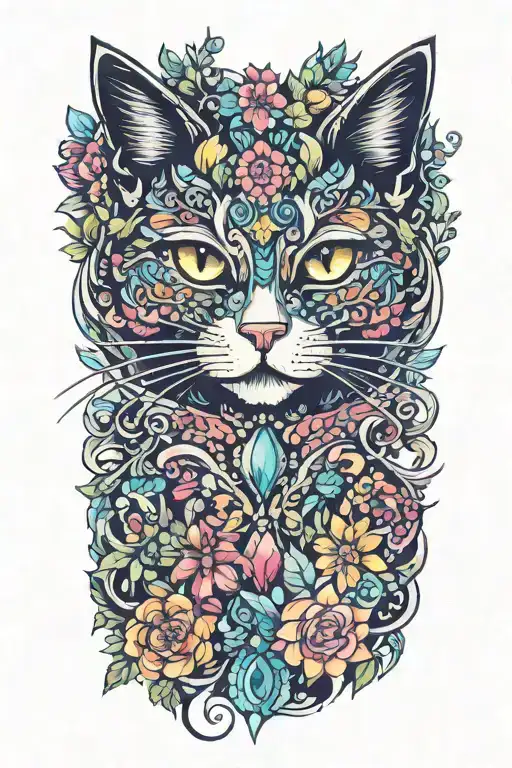 cat made out of colorful flowers and crystals tattoo design idea