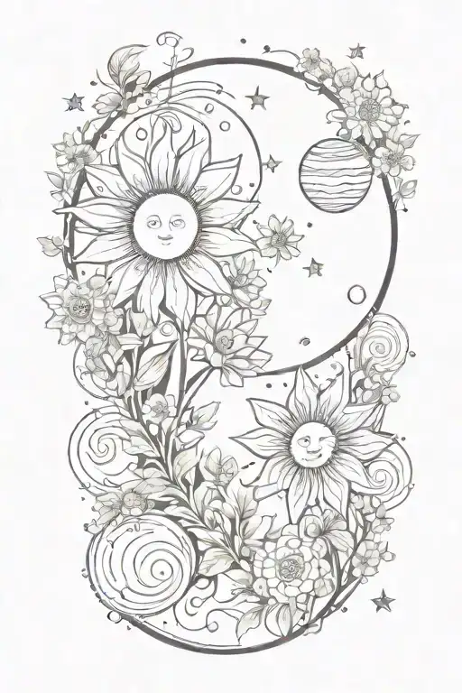 outer space scene with sun, moon, stars, and planets covered in flowers tattoo design idea