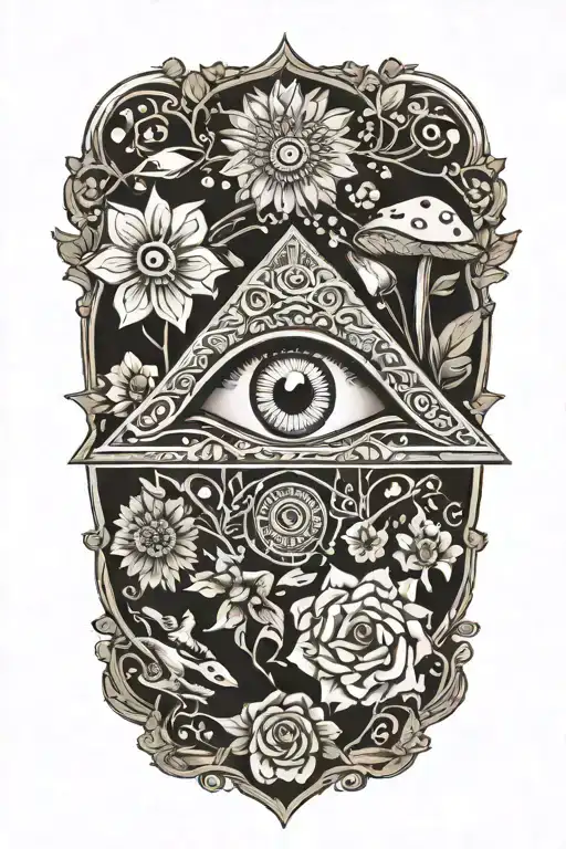 all seeing eye in mandala with flowers and mushrooms tattoo design idea