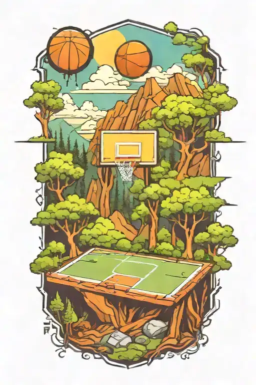 A basketball court with nature elements like trees and mountains integrated into the design tattoo design idea