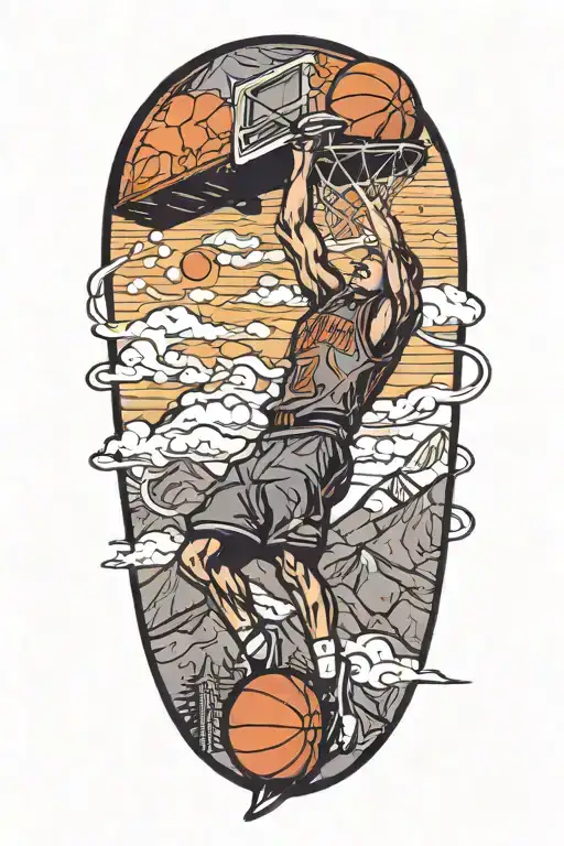 A basketball player dunking over a mountain range tattoo design idea