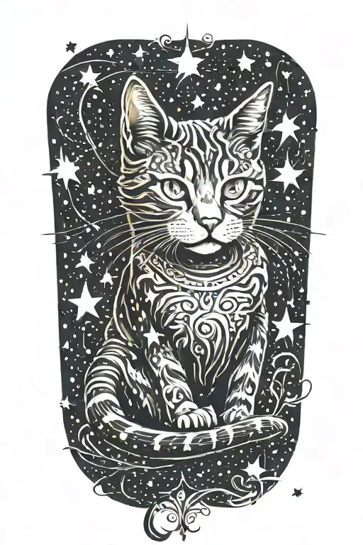 A whimsical illustration of a cat playing with a constellation of stars, blending the love for animals and the beauty of the night sky tattoo design idea