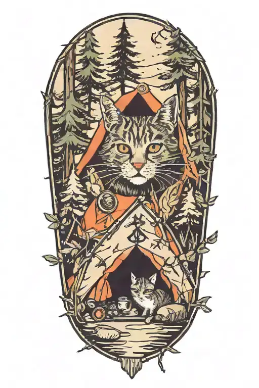 A cat in a camping tent surrounded by trees tattoo design idea