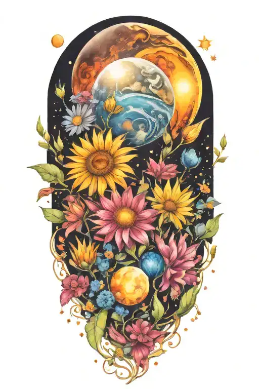 outer space and flowers, planets, wildflowers, sun and moon tattoo design idea