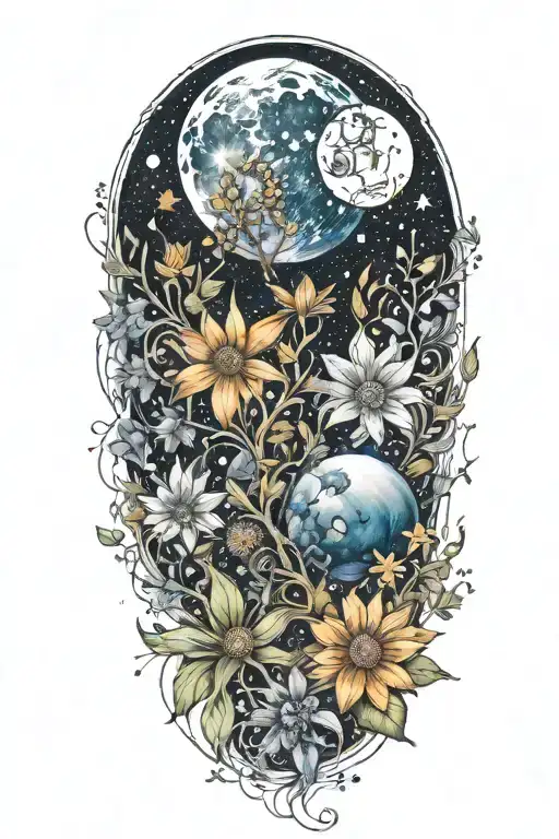 wildflowers intertwined with outer space - planets, sun, moon, stars tattoo design idea