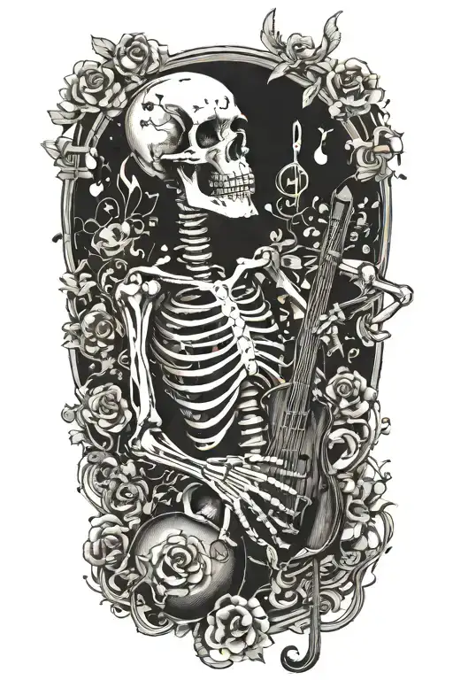 An anatomically accurate tattoo of a dancing skeleton with musical notes and chemical elements incorporated into the design tattoo design idea