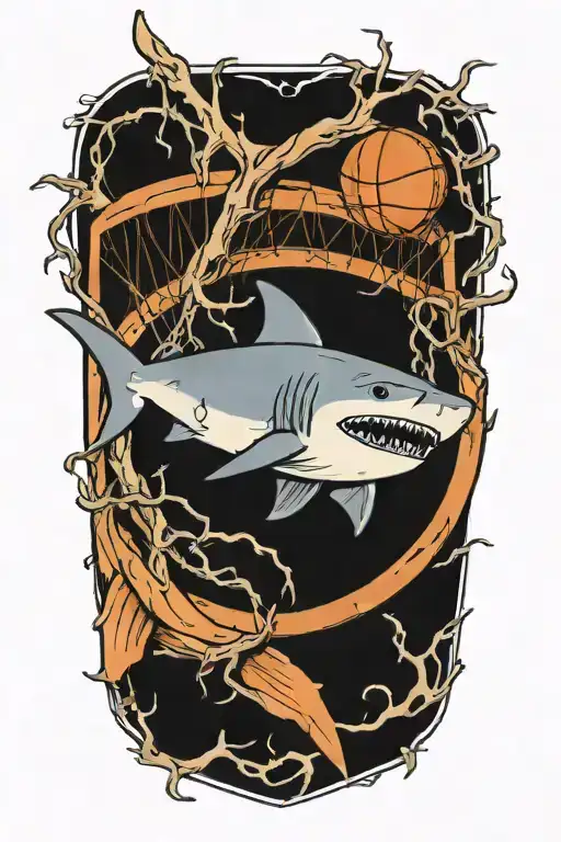 A basketball hoop made of branches with a shark jumping through it tattoo design idea