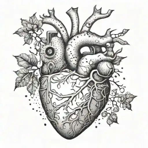 A dotwork tattoo of a human heart intertwined with anatomical elements like neurons and DNA strands, representing the intricate connection between biology and emotions tattoo design idea