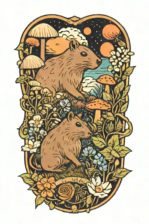 capybara and cat in a field of flowers and mushrooms with planets in the sky tattoo design idea