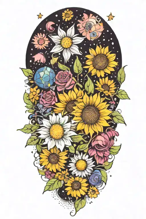 A botanical tattoo featuring a combination of your favorite flowers - daisy, sunflower, and lavender, with a celestial twist incorporating stars and planets tattoo design idea