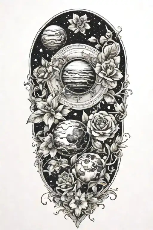 flowers with planets in the center tattoo design idea