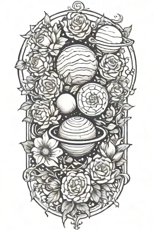planets and flowers tattoo design idea
