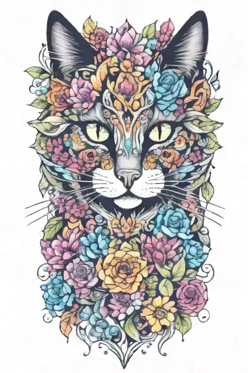 cat made out of colorful flowers and crystals tattoo design idea