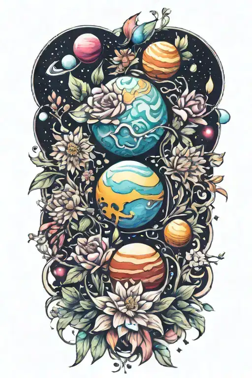planets and flowers tattoo design idea