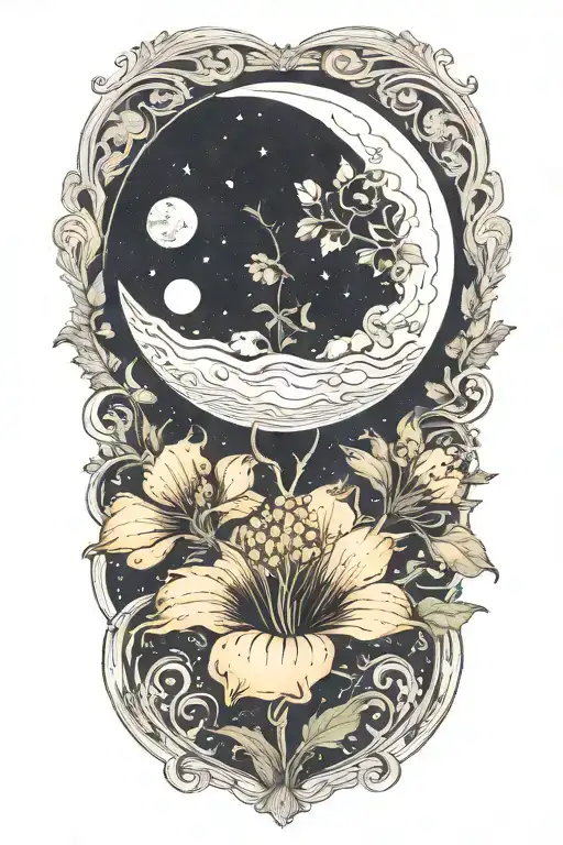 An anatomically correct illustration of a flower growing on a planet with a moon in the background tattoo design idea